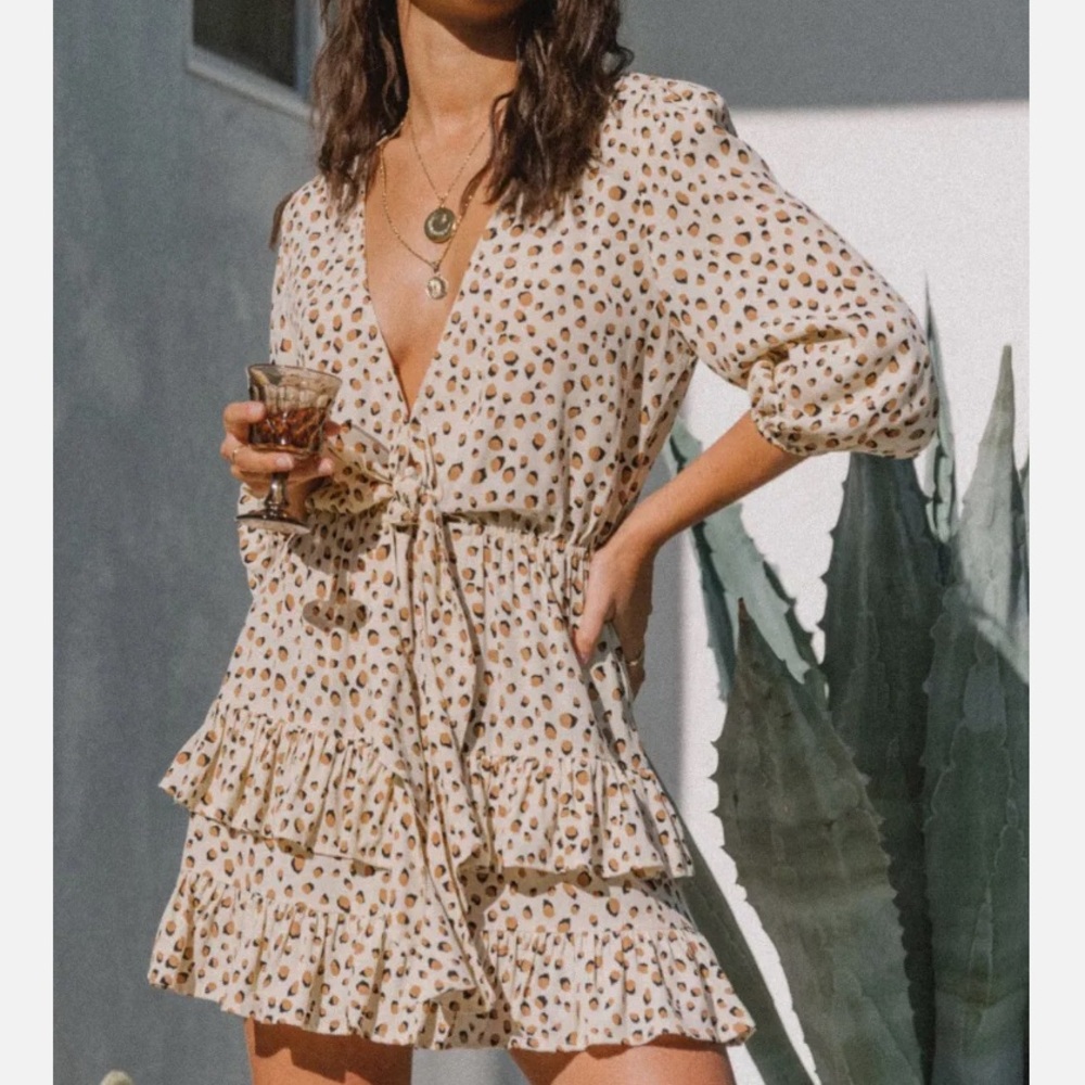 Kivari leopard print front tie mini dress